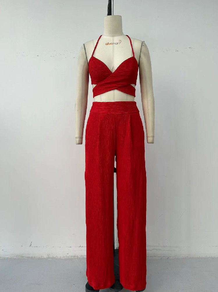 YT-SC24080005 : Red Summer Set -Sleeveless Top + Long Pants | MOQ / MCQ : 300pcs/styles / color | Sample lead time : 1-1.5week | Production Lead time : 4-6 Weeks